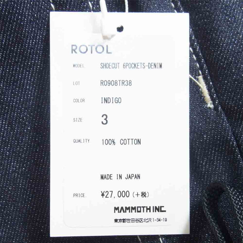 ロトル 20SS R0908TR38 SHOECUT 6POCKETS-DENIM デニムパンツ インディゴブルー系 3【新古品】【未使用】【中古】