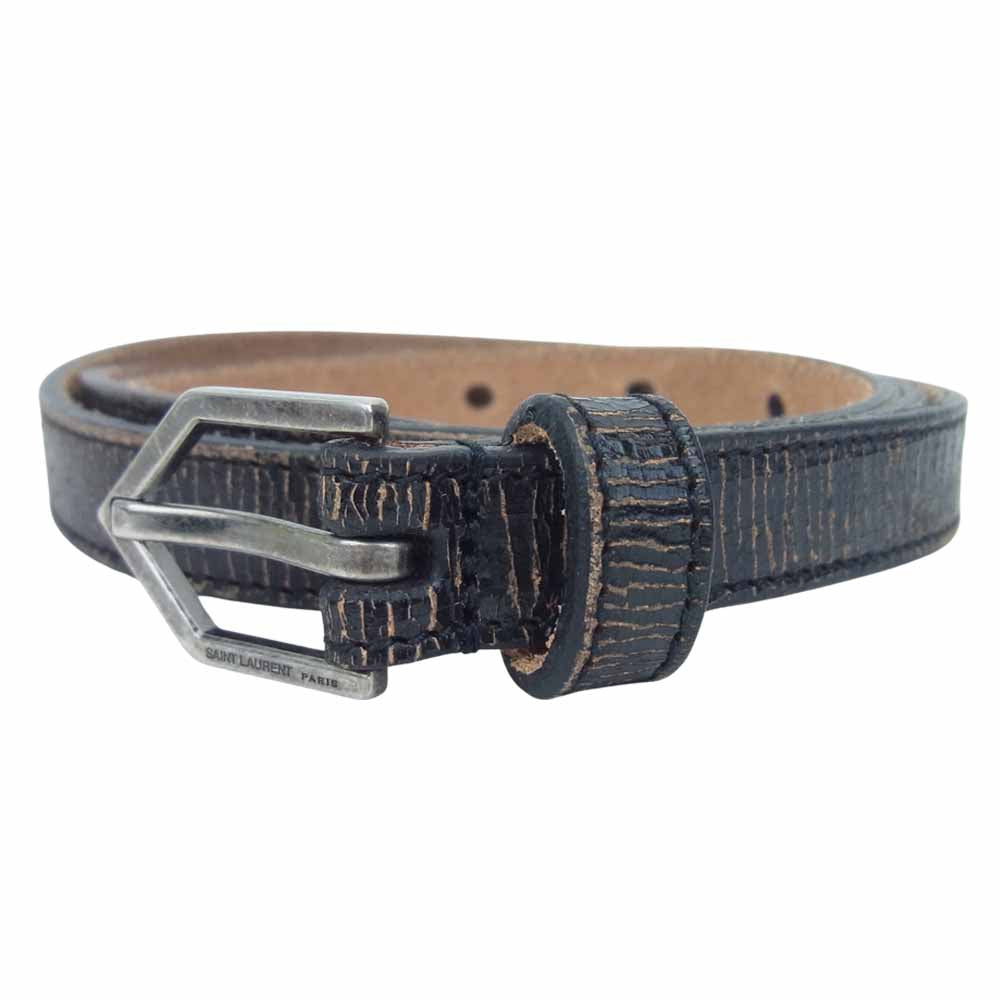 SAINT LAURENT サンローラン 4830390 クラック加工 レザー ナローベルト ブラック系【美品】【中古】