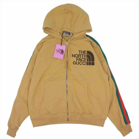 GUCCI グッチ 21SS 651723 XJDIP THE NORTHFACE ノースフェイス 国内正規品 ウェブ ストライプ プリント コットン ジップ パーカー ディープイエロー系 S【美品】【中古】