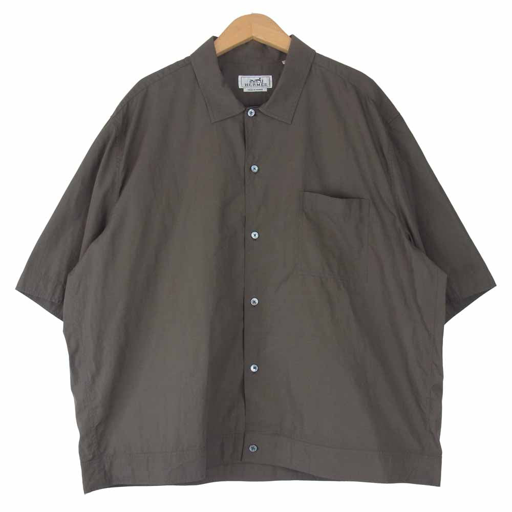 HERMES エルメス 国内正規品 仏製 胸ポケット S/S 半袖 シャツ カーキ系 44／17.5【美品】【中古】
