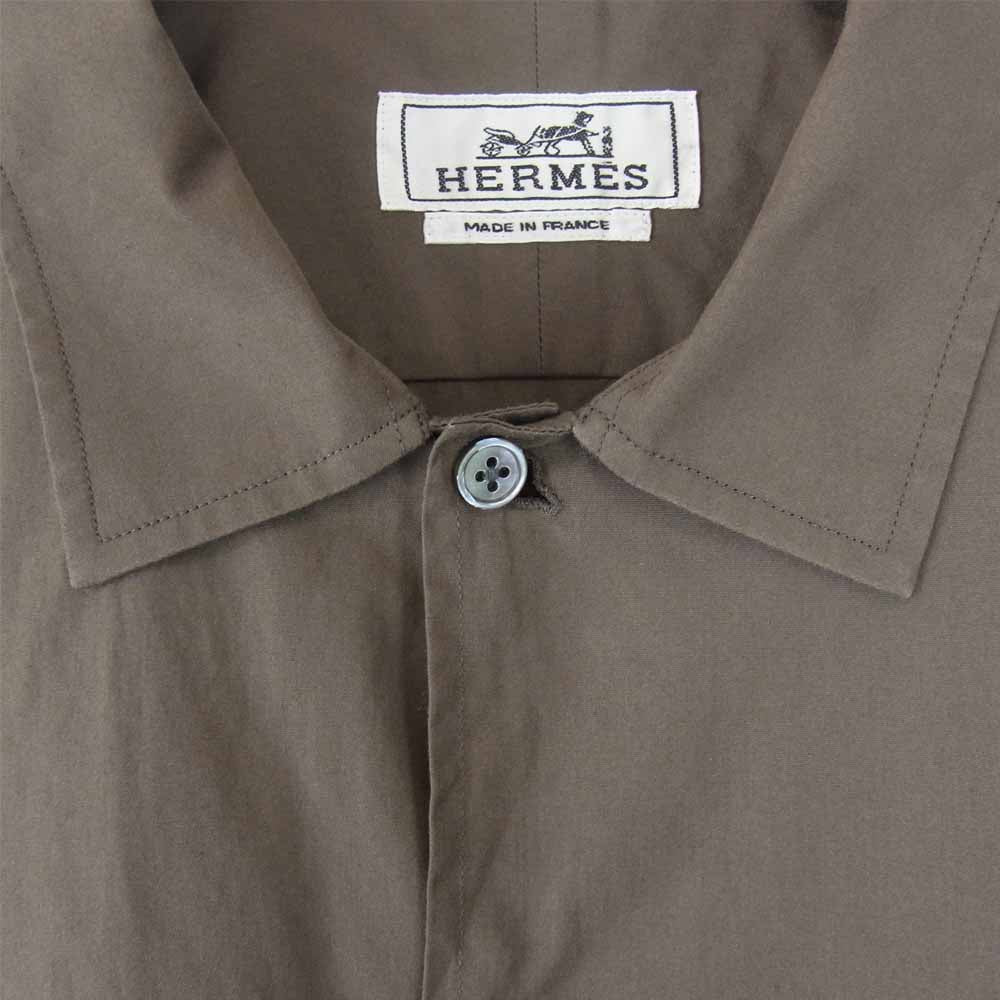 HERMES エルメス 国内正規品 仏製 胸ポケット S/S 半袖 シャツ カーキ系 44／17.5【美品】【中古】
