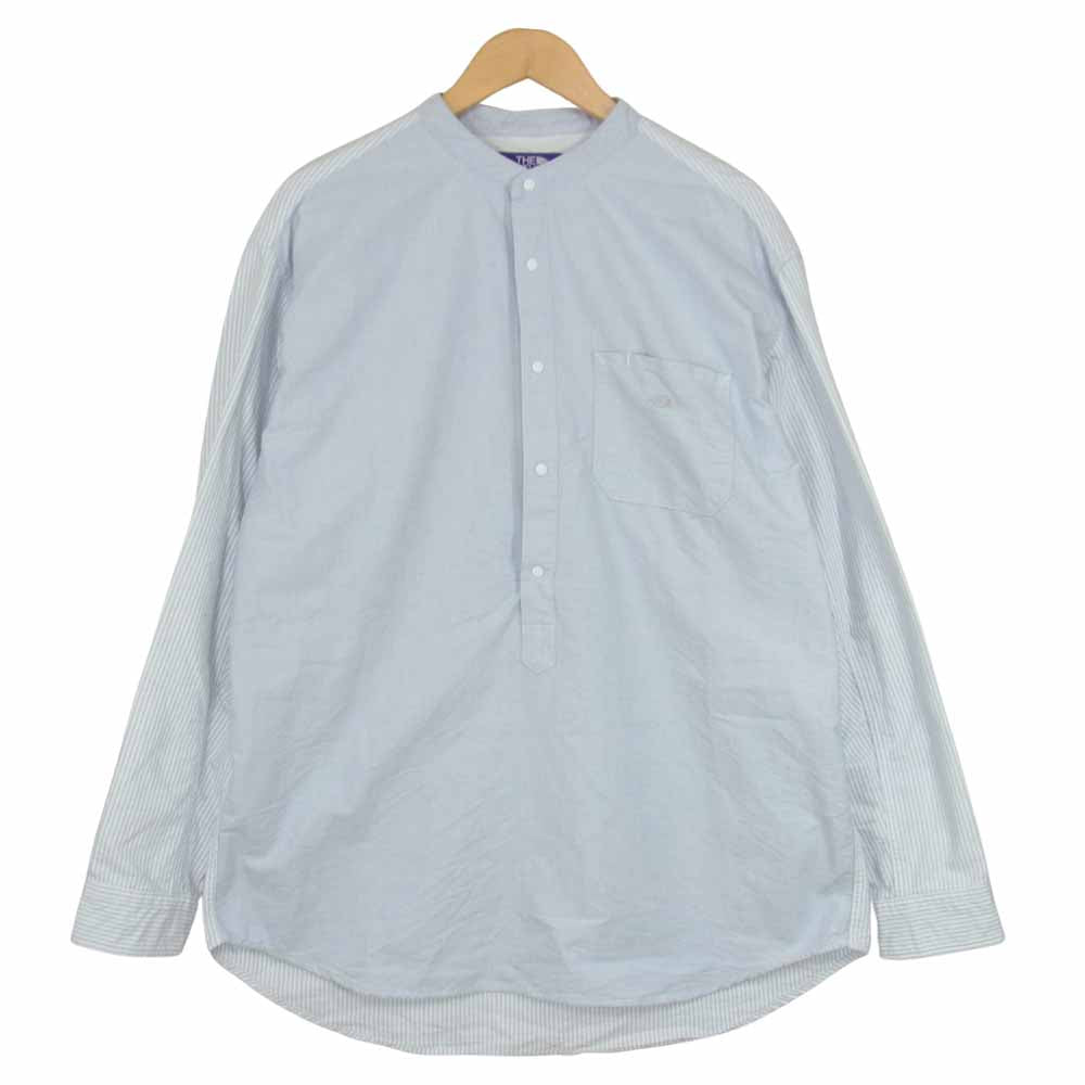 THE NORTH FACE ノースフェイス NT3100N PURPLE LABEL パープルレーベル Cotton Polyester OX Band Collar Shirt ストライプ 切替 バンドカラー プルオーバー シャツ ライトブルー系 L【美品】【中古】