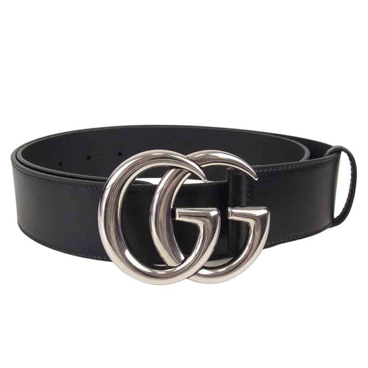 GUCCI グッチ 400593 ダブル GG バックル レザー ベルト シルバー ブラック系【美品】【中古】