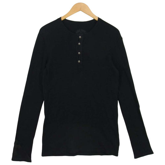 CHROME HEARTS クロムハーツ（原本無） 国内正規品 フレアボタン 袖 クロス レザー パッチ ヘンリーネック サーマル カットソー ブラック系 SM【中古】