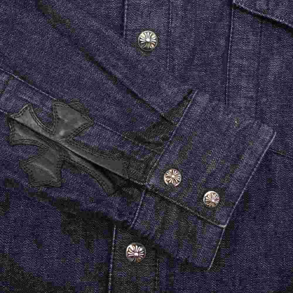 CHROME HEARTS クロムハーツ（原本有） 国内正規品 袖 レザー パッチ クロスボタン ダンガリー ウエスタン デニム シャツ インディゴブルー系【中古】