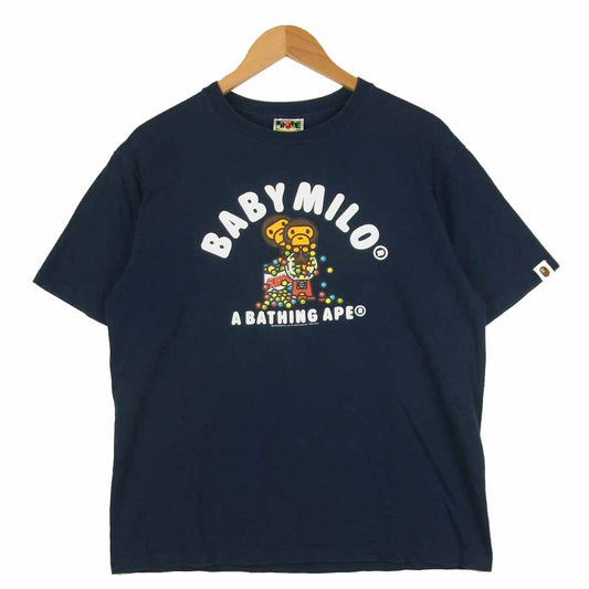 A BATHING APE アベイシングエイプ BABY MILO プリント 半袖 Tシャツ コットン ネイビー系 L【中古】