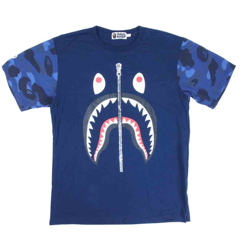 A BATHING APE アベイシングエイプ SHARK TEE シャークプリント Tシャツ 半袖 ネイビー系 L【中古】