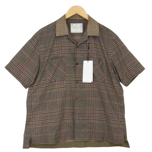 Sacai サカイ 21SS 21-02483M ハウンドトゥース カットオフ オープンカラー 半袖 シャツ ブラウン系 2【美品】【中古】