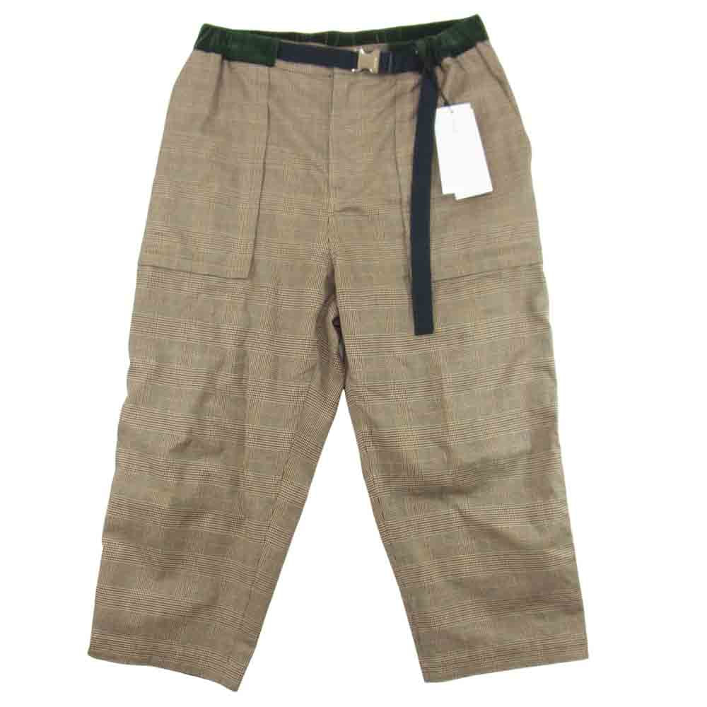 Sacai サカイ 21SS 21-02484M アジャストバックルベルト ベロア切替 チェック柄 ロングパンツ ブラウン系 1【美品】【中古】