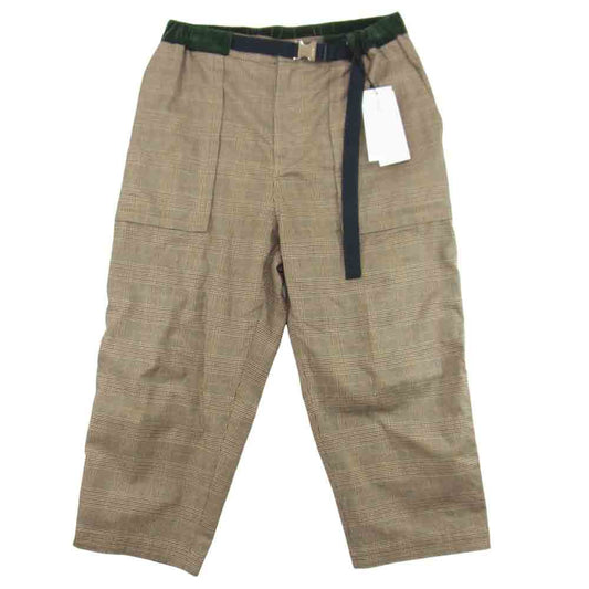 Sacai サカイ 21SS 21-02484M アジャストバックルベルト ベロア切替 チェック柄 ロングパンツ ブラウン系 1【美品】【中古】
