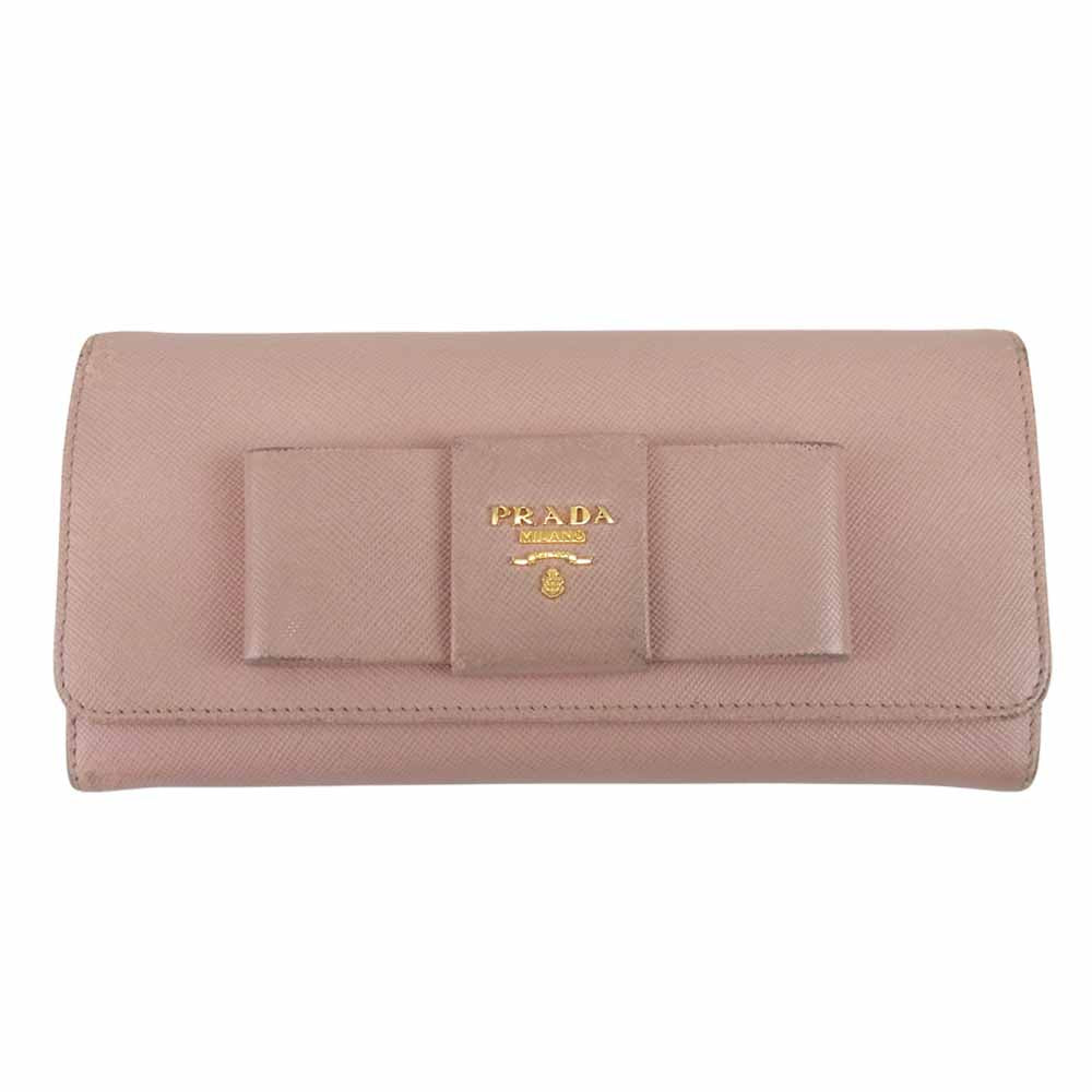 PRADA プラダ リボン 二つ折り サフィアーノ 長財布 ピンク系【中古】