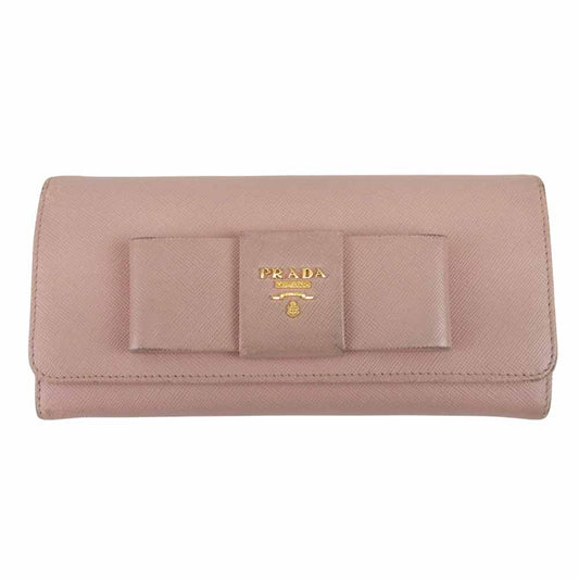 PRADA プラダ リボン 二つ折り サフィアーノ 長財布 ピンク系【中古】