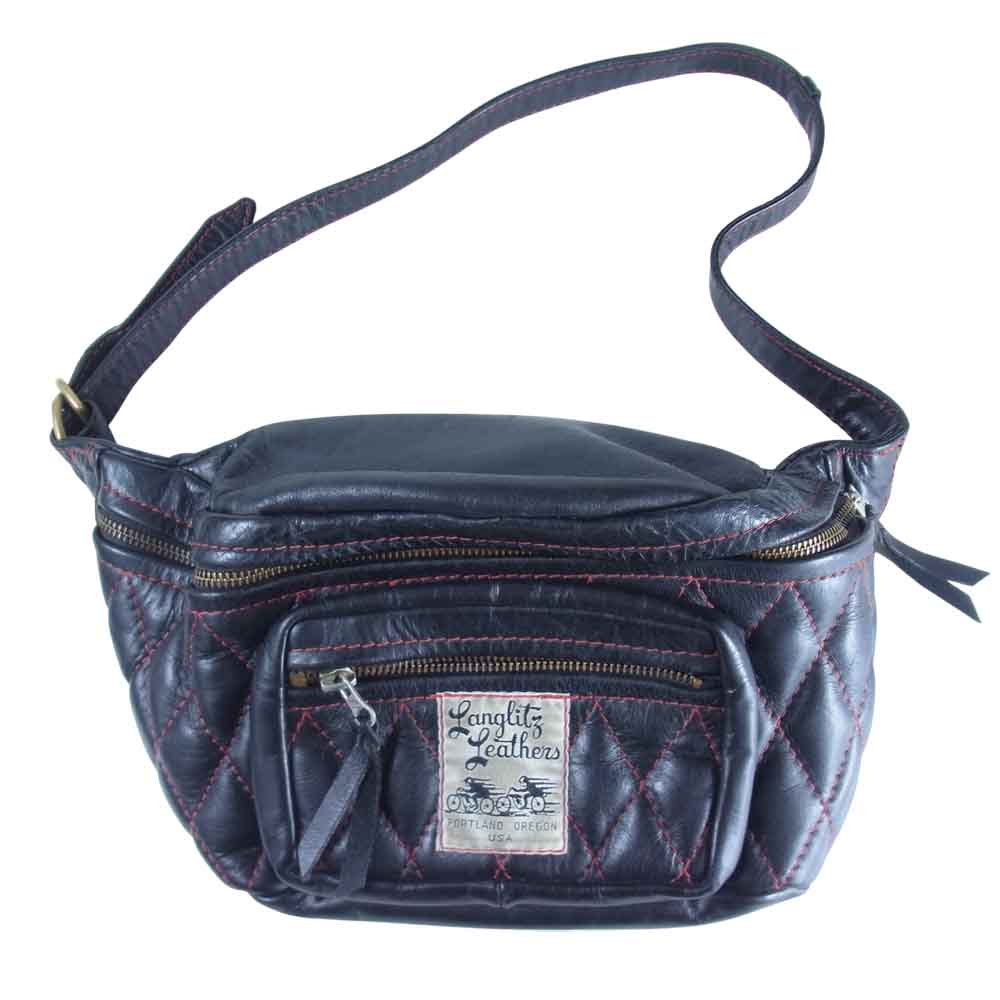 LANGLITZ LEATHERS ラングリッツレザーズ Padded Outside Pocket レッドステッチ キルティング レザー ウエストバッグ ヒップバッグ ブラック系【中古】