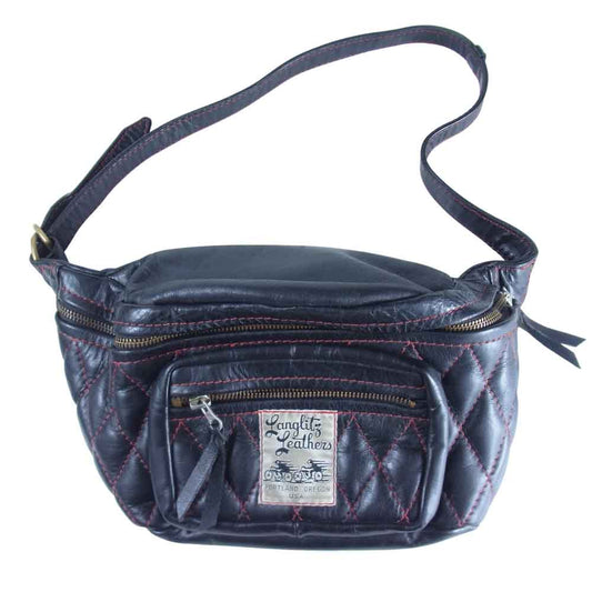 LANGLITZ LEATHERS ラングリッツレザーズ Padded Outside Pocket レッドステッチ キルティング レザー ウエストバッグ ヒップバッグ ブラック系【中古】