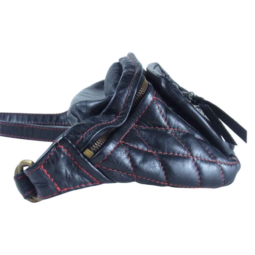 LANGLITZ LEATHERS ラングリッツレザーズ Padded Outside Pocket レッドステッチ キルティング レザー ウエストバッグ ヒップバッグ ブラック系【中古】