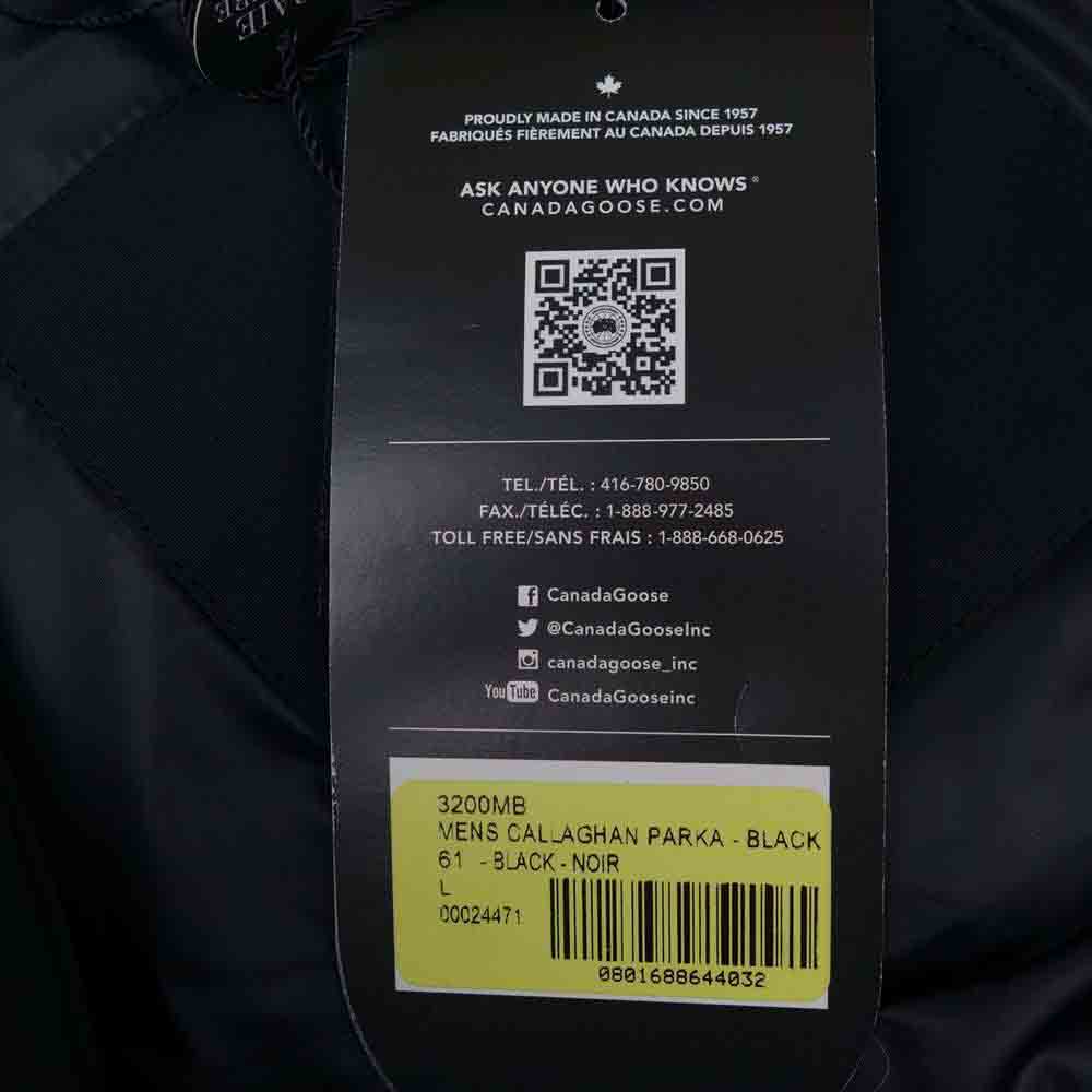 CANADA GOOSE カナダグース 3200MB Black Label Callaghan Parka ブラックレーベル キャラハン ファー付 フーディ ダウン ジャケット ブラック系 L【新古品】【未使用】【中古】