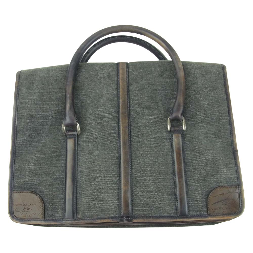 Berluti ベルルッティ カリグラフィー フラップオーバー レザー キャンバス ブリーフケース ビジネス バッグ グレイッシュブラウン系【中古】