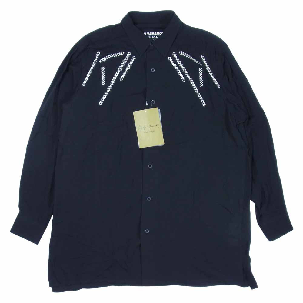 Yohji Yamamoto ヨウジヤマモト POUR HOMME プールオム 21SS HD-B07-200 REPLICA 89AW EMBROIDERY CLASSIC BIG BLOUSE 刺繍 レーヨンシャツ ブラック系 3【新古品】【未使用】【中古】