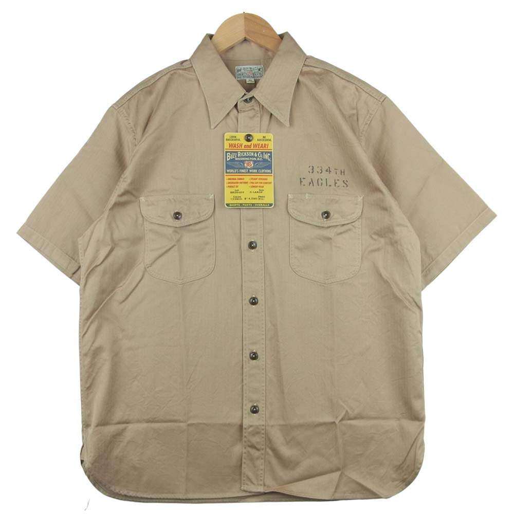 Buzz Rickson's バズリクソンズ 21SS BR38669 ヘリンボーン ステンシルプリント ミリタリー 半袖 シャツ ベージュ系 XL【新古品】【未使用】【中古】