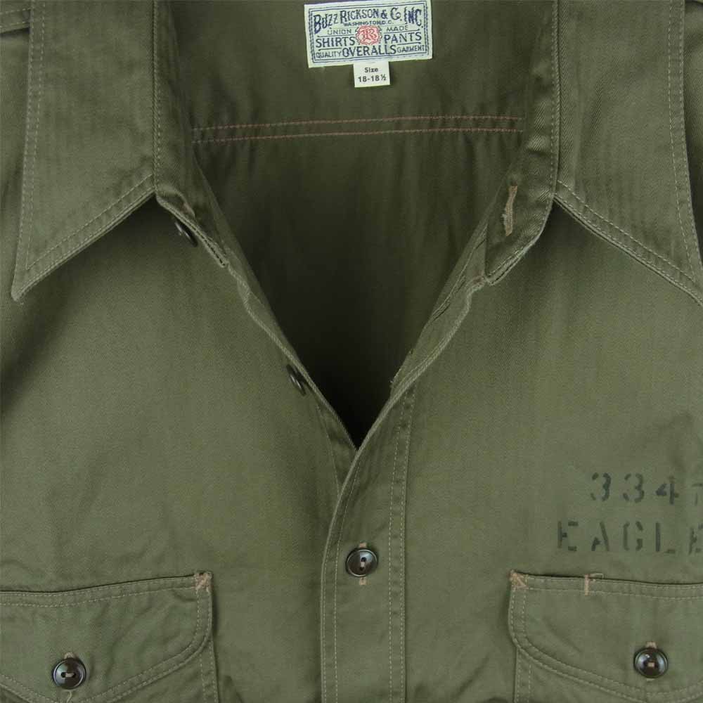 Buzz Rickson's バズリクソンズ 21SS BR38669 ヘリンボーン ステンシルプリント ミリタリー 半袖 シャツ カーキ系 XXL【新古品】【未使用】【中古】