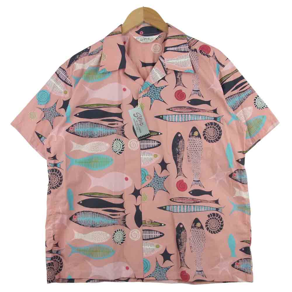 東洋エンタープライズ 21SS SH38635 STAR OF HOLLYWOOD スターオブハリウッド 実名復刻 BROAD COTTON OPEN SHIRT FISH アロハ オープン 半袖 シャツ ピンク系 L【新古品】【未使用】【中古】