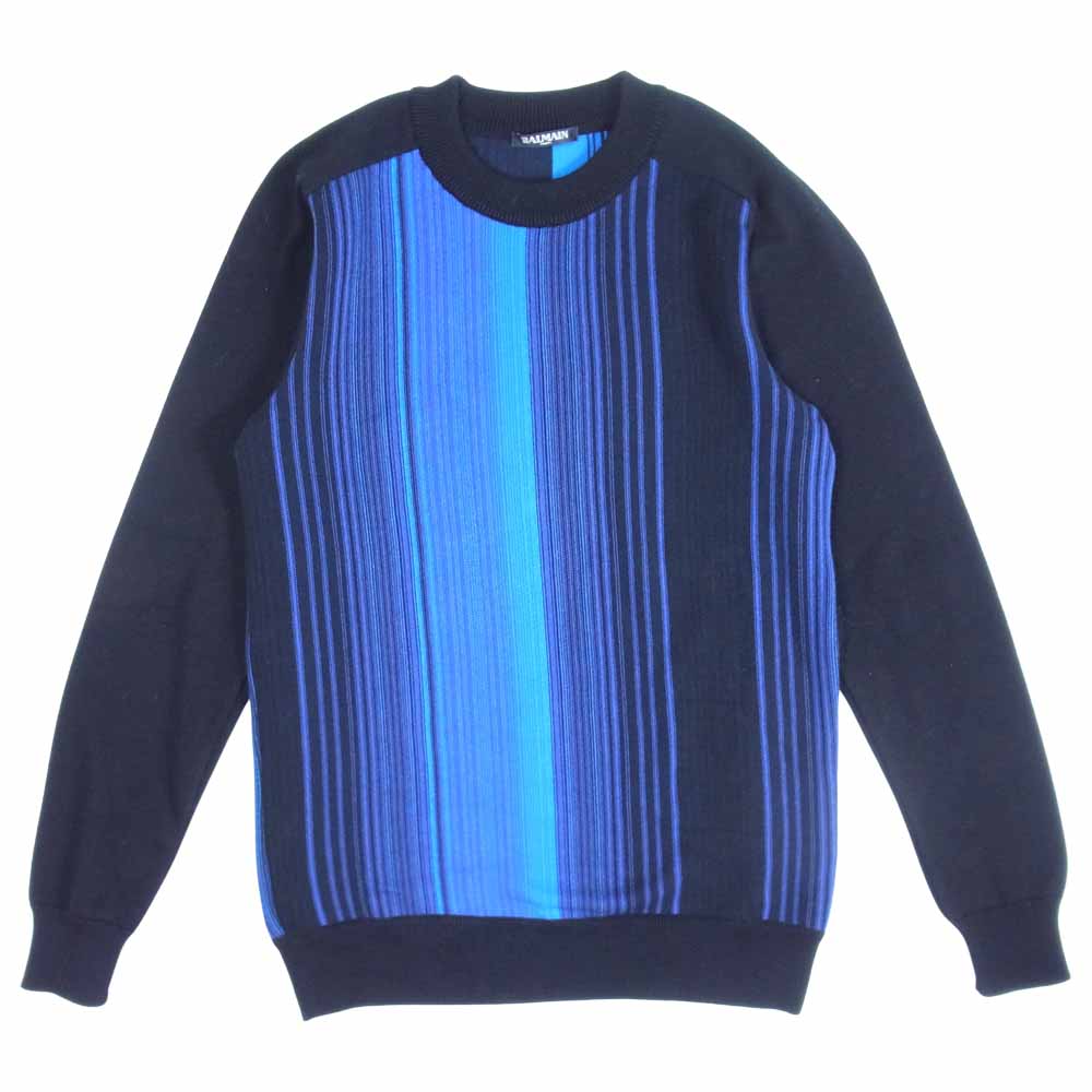 BALMAIN バルマン S7H6695M007 国内正規品 コットン ストライプ クルーネック ニット セーター 青黒系 XS【中古】