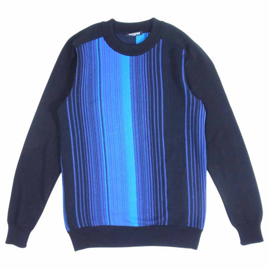 BALMAIN バルマン S7H6695M007 国内正規品 コットン ストライプ クルーネック ニット セーター 青黒系 XS【中古】