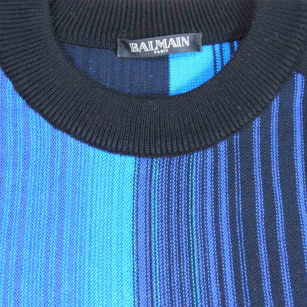 BALMAIN バルマン S7H6695M007 国内正規品 コットン ストライプ クルーネック ニット セーター 青黒系 XS【中古】