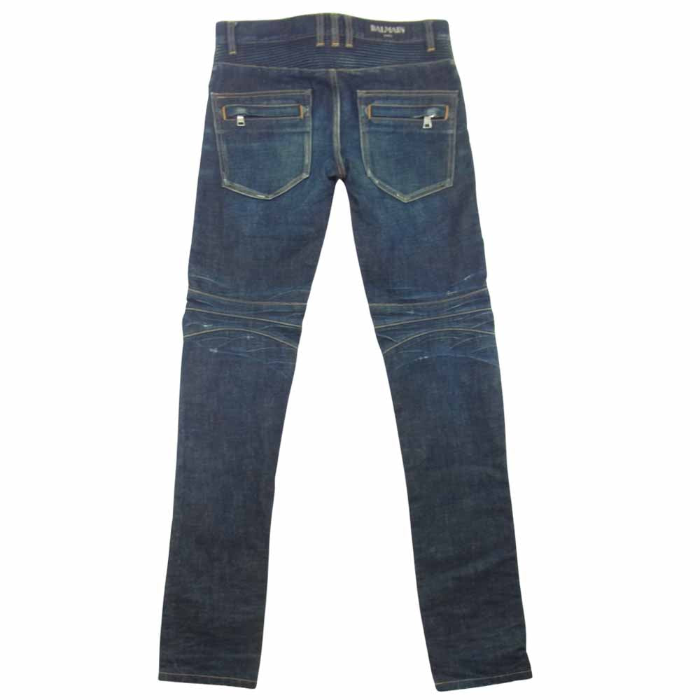 BALMAIN バルマン 14SS S4HT500B983 国内正規品 ダメージ加工 蛇腹 バイカー デニムパンツ インディゴブルー系 28【中古】