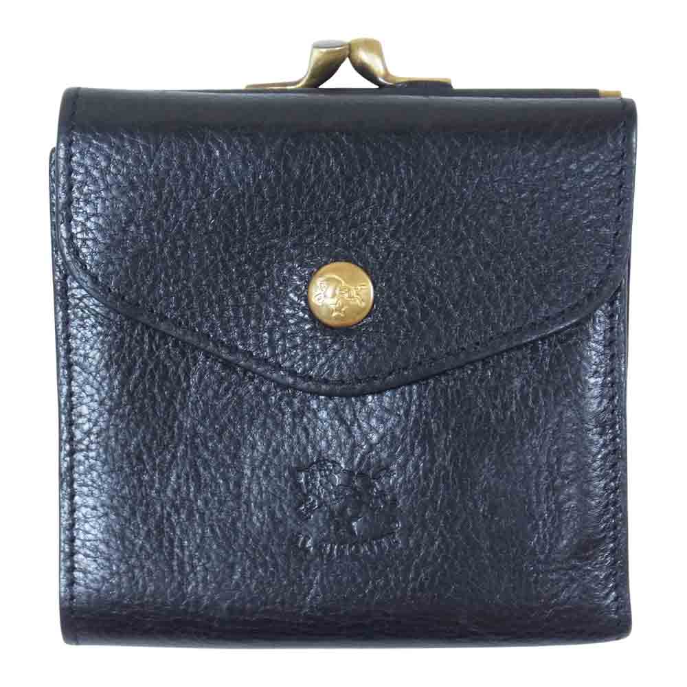 IL BISONTE イルビゾンテ レザー 二つ折り がま口 財布 イタリア製 ウォレット ブラック系【中古】