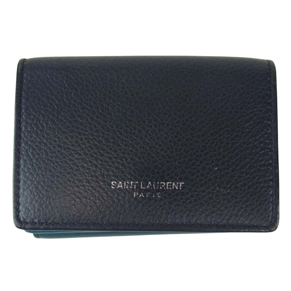 SAINT LAURENT サンローラン PARIS 462366 DV70E ロゴ ミニ コンパクト ウォレット グリーン系 ネイビー系【中古】