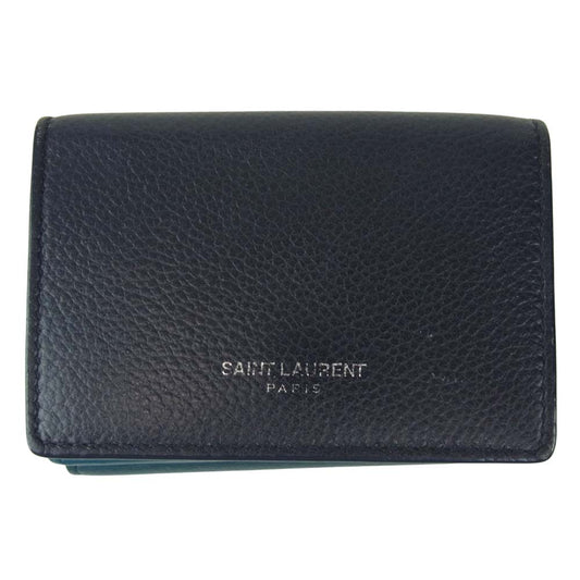 SAINT LAURENT サンローラン PARIS 462366 DV70E ロゴ ミニ コンパクト ウォレット グリーン系 ネイビー系【中古】
