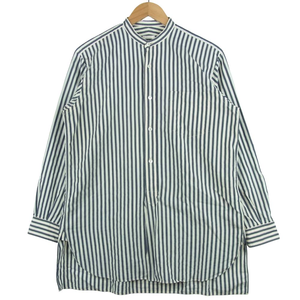 COMOLI コモリ 15F-02002 ノーカラー ストライプ 長袖 シャツ コットン 日本製 ネイビー系 ホワイト系 1【中古】