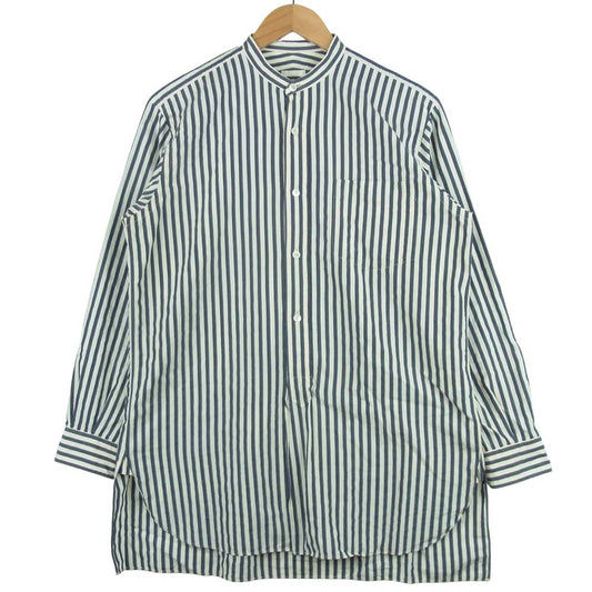 COMOLI コモリ 15F-02002 ノーカラー ストライプ 長袖 シャツ コットン 日本製 ネイビー系 ホワイト系 1【中古】
