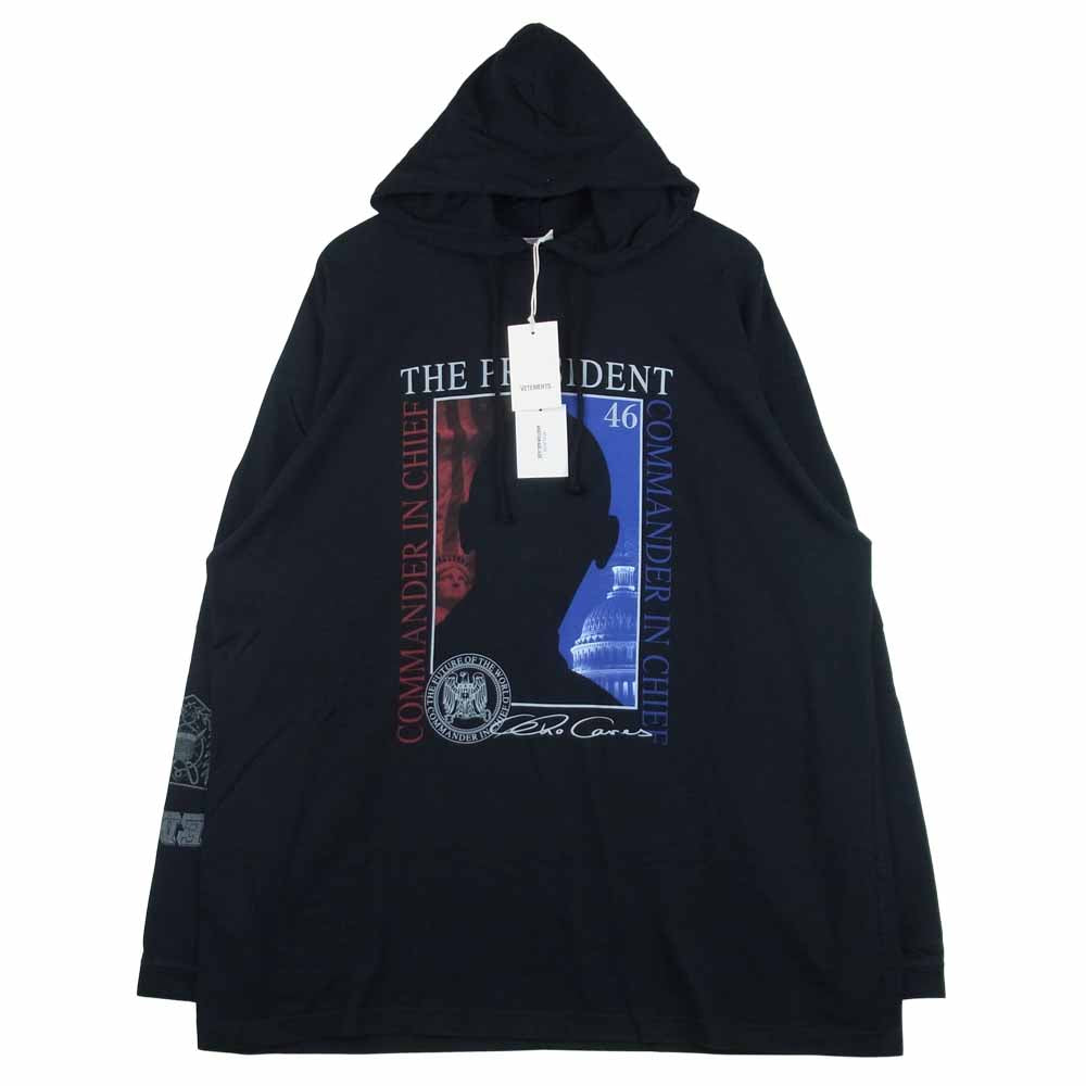 VETEMENTS ヴェトモン 19AW MAH20TR113 THE PRESIDENT プレジデント オーバー ザ トップ カットソー フーディ パーカー ブラック系 XL【新古品】【未使用】【中古】