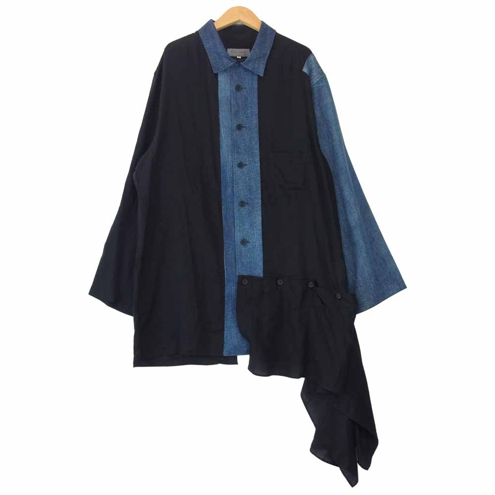 Yohji Yamamoto ヨウジヤマモト POUR HOMME プールオム 20AW HD-B34-823 CELLULOSE LAWN 8OZ DENIM LEFT HEM NO FIXING BLOUSE デニム切替 変形 シャツ ブラック系 インディゴブルー系 4【美品】【中古】