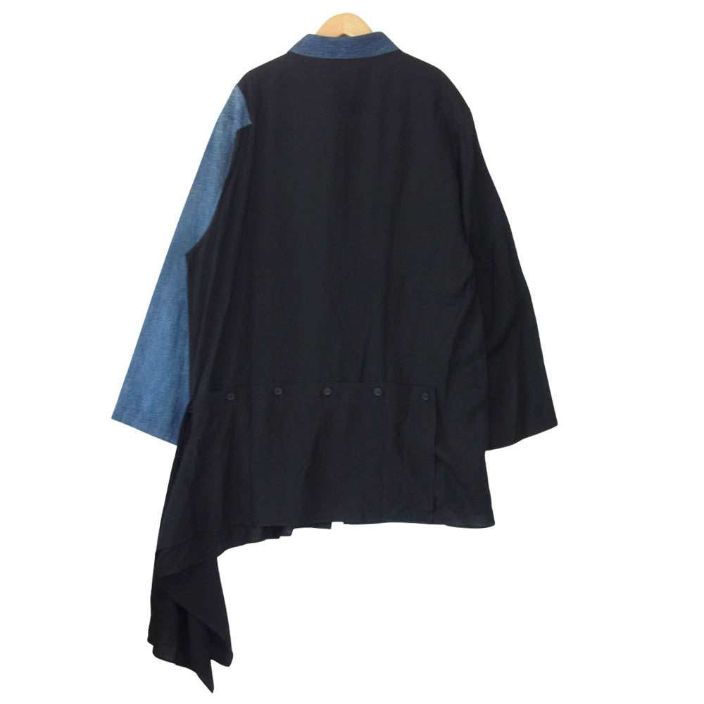 Yohji Yamamoto ヨウジヤマモト POUR HOMME プールオム 20AW HD-B34-823 CELLULOSE LAWN 8OZ DENIM LEFT HEM NO FIXING BLOUSE デニム切替 変形 シャツ ブラック系 インディゴブルー系 4【美品】【中古】