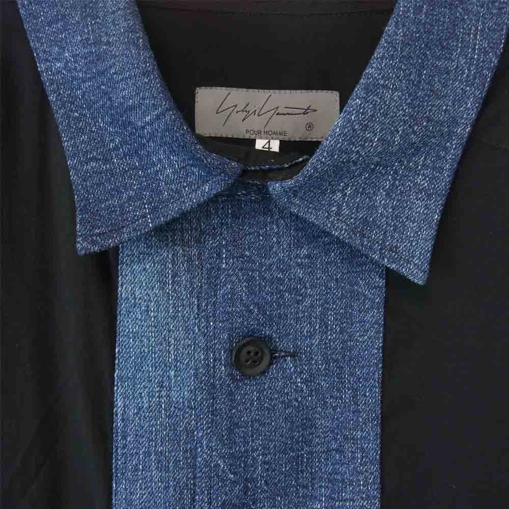 Yohji Yamamoto ヨウジヤマモト POUR HOMME プールオム 20AW HD-B34-823 CELLULOSE LAWN 8OZ DENIM LEFT HEM NO FIXING BLOUSE デニム切替 変形 シャツ ブラック系 インディゴブルー系 4【美品】【中古】