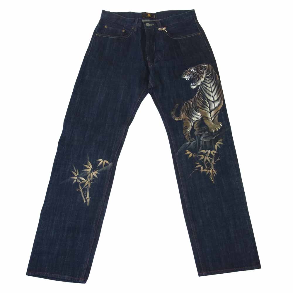 禅 KD-001 手描きデニムパンツ 虎 タイガーペイント インディゴブルー系 32【新古品】【未使用】【中古】