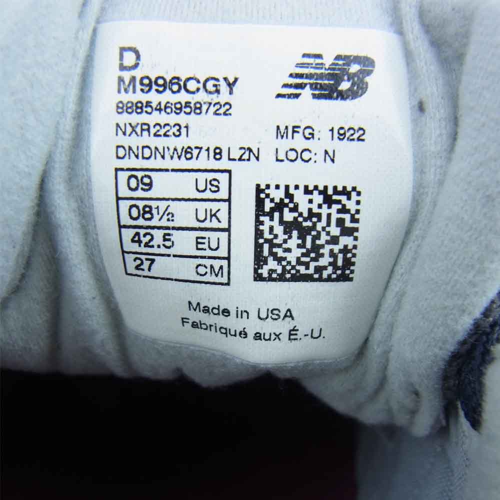 NEW BALANCE ニューバランス M996CGY USA製 ローカット スニーカー ランニング シューズ グレー系 27cm【極上美品】【中古】