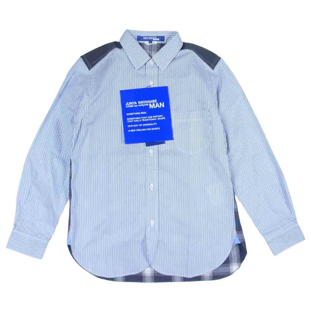 JUNYA WATANABE COMME des GARCONS MAN ジュンヤワタナベコムデギャルソンマン 21SS WG-B019 綿ストライプ 綿チェック ナイロンオックス 長袖 シャツ ネイビー系 XS【新古品】【未使用】【中古】