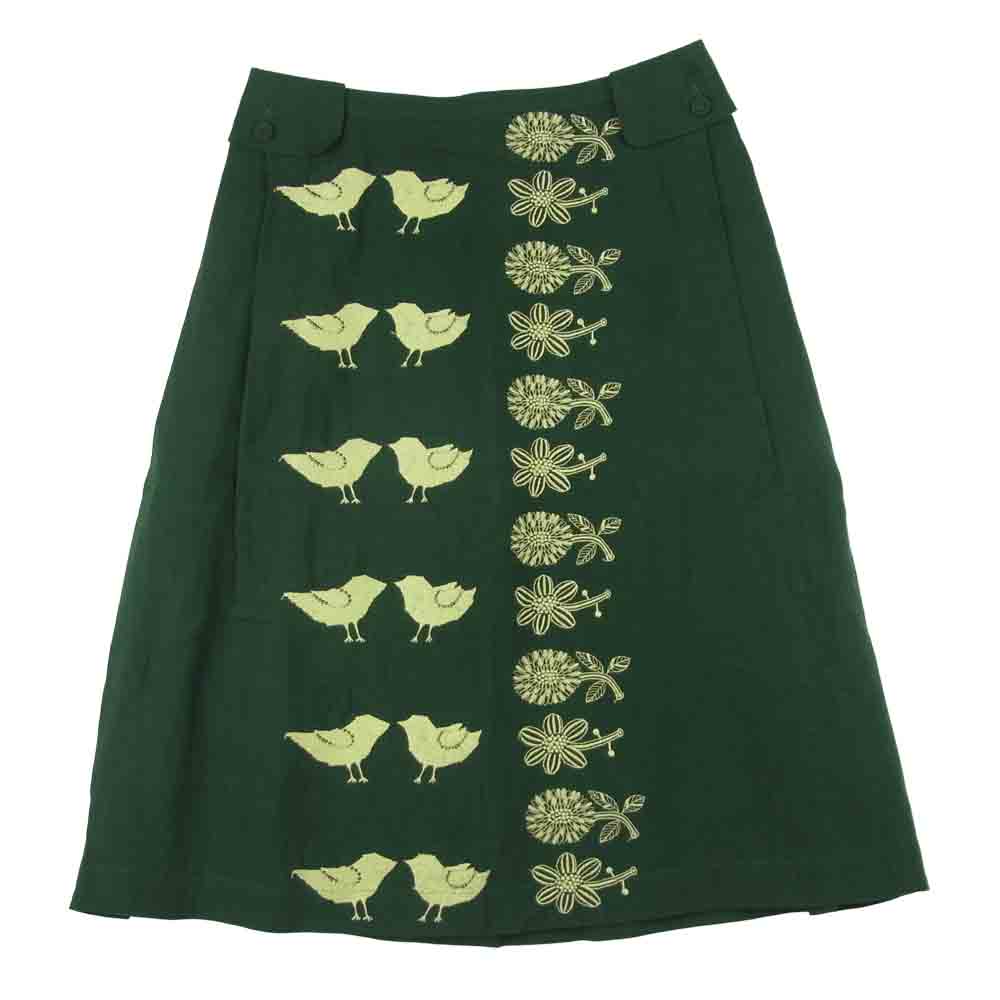 mina perhonen ミナペルホネン QS5800 TORI TO HANA 鳥と花 刺繍 スカート 麻 コットン 日本製 グリーン系 36【中古】
