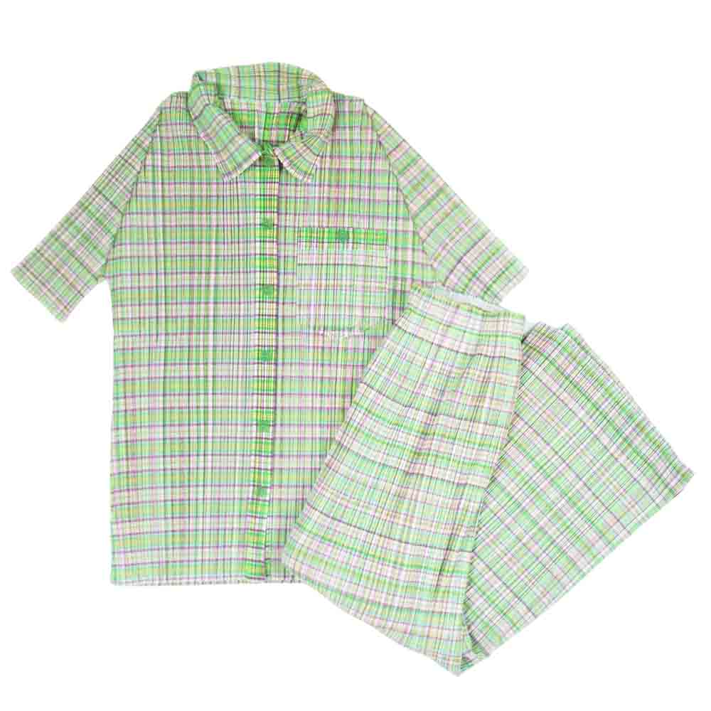 PLEATS PLEASE プリーツプリーズ イッセイミヤケ PP51-JJ652 PP51-JG656 セットアップ チェック柄 半袖 ブラウス スカート グリーン系 4【美品】【中古】