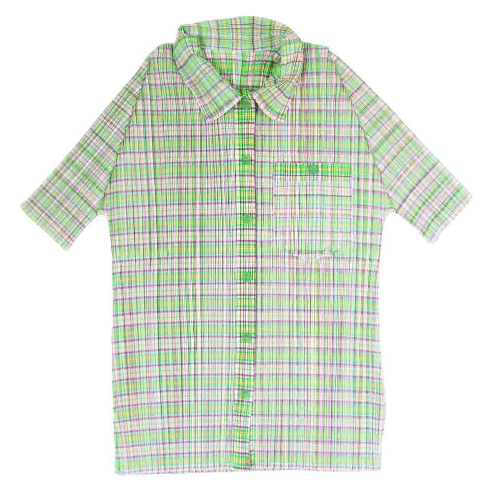 PLEATS PLEASE プリーツプリーズ イッセイミヤケ PP51-JJ652 PP51-JG656 セットアップ チェック柄 半袖 ブラウス スカート グリーン系 4【美品】【中古】