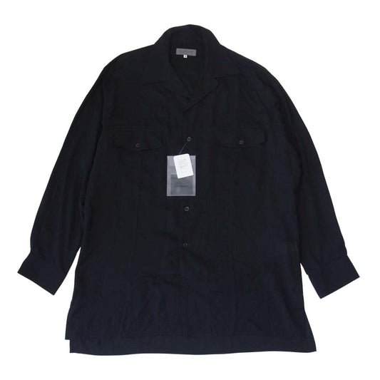 Yohji Yamamoto ヨウジヤマモト POUR HOMME プールオム 未使用 21AW HX-B21-201 CELLULOSE LAWN FLAP BLOUSE オープンカラー オーバーサイズ シャツ ブラック系 4【極上美品】【中古】