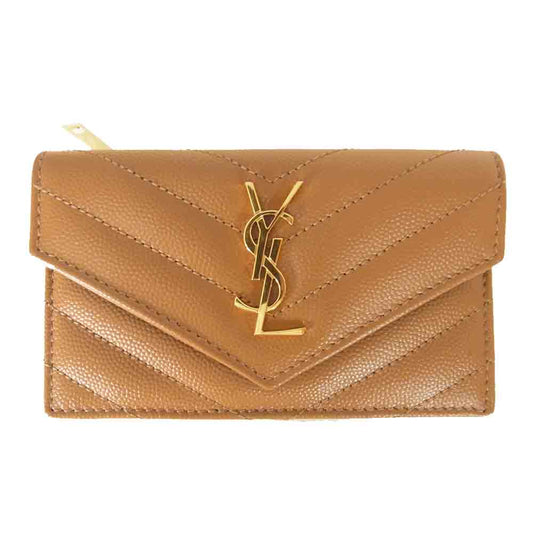 SAINT LAURENT サンローラン 612808 BOW01 グレインドプードル エンボスレザー モノグラム コンパクトフォールド ライトブラウン系【美品】【中古】