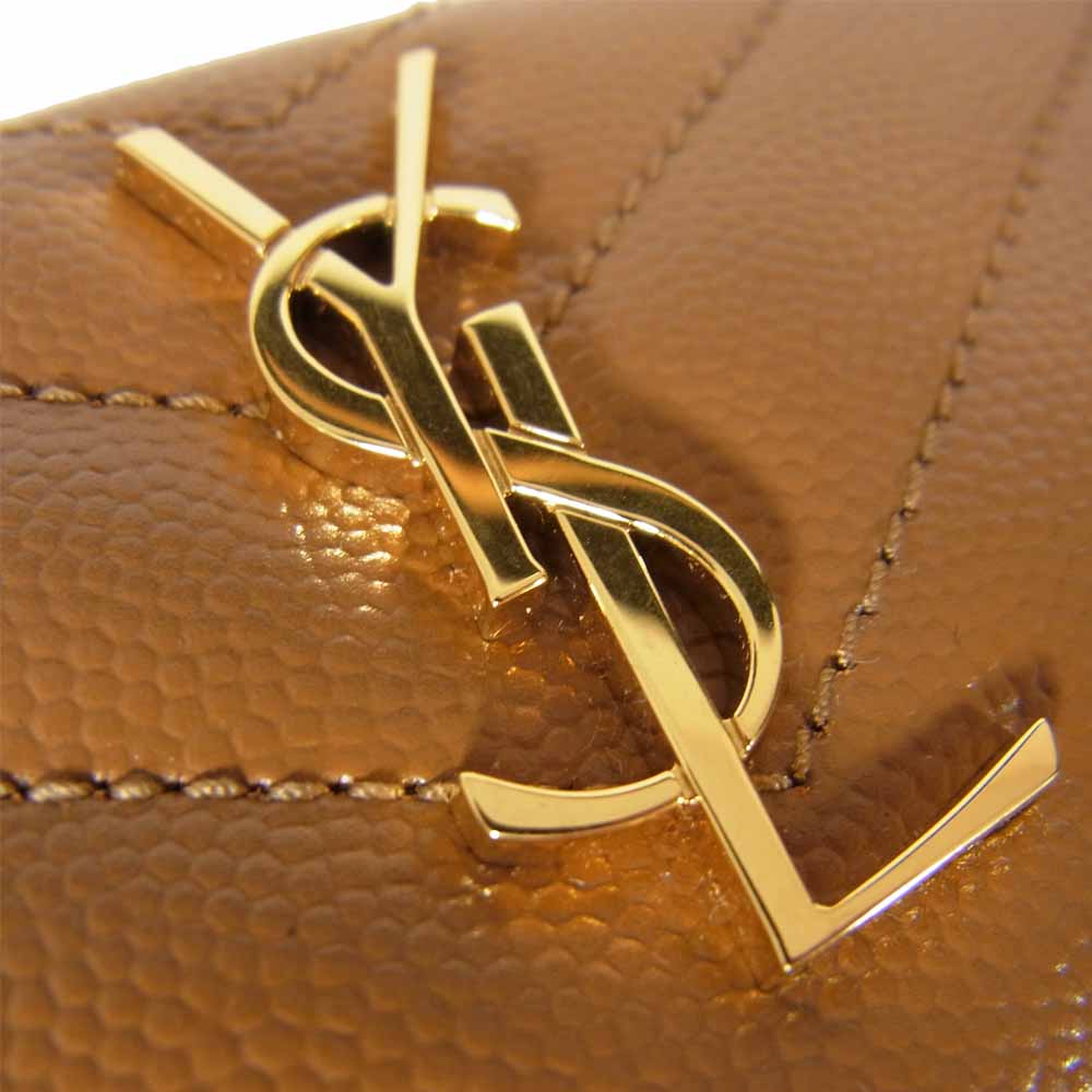 SAINT LAURENT サンローラン 612808 BOW01 グレインドプードル エンボスレザー モノグラム コンパクトフォールド ライトブラウン系【美品】【中古】