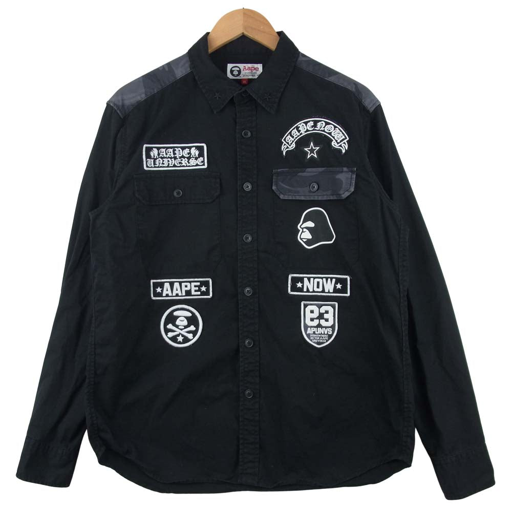 A BATHING APE アベイシングエイプ AST8079 ワッペン 長袖 シャツ コットン 中国製 ブラック系 XL【中古】