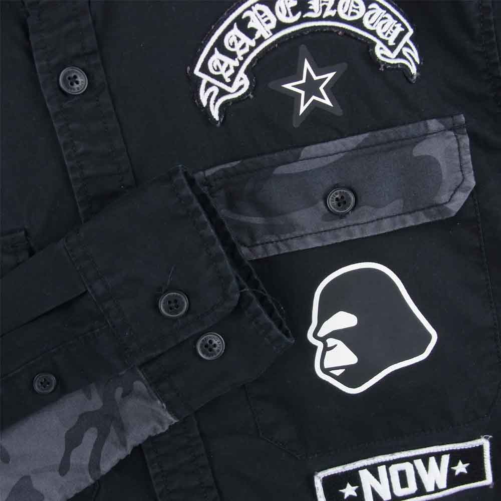A BATHING APE アベイシングエイプ AST8079 ワッペン 長袖 シャツ コットン 中国製 ブラック系 XL【中古】