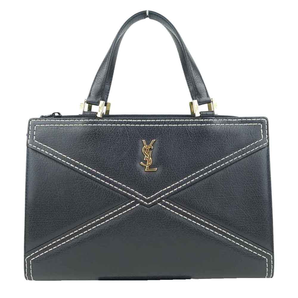 YVES SAINT LAURENT イヴサンローラン ヴィンテージ YSL ロゴ ステッチ ハンドバッグ ブラック系【中古】